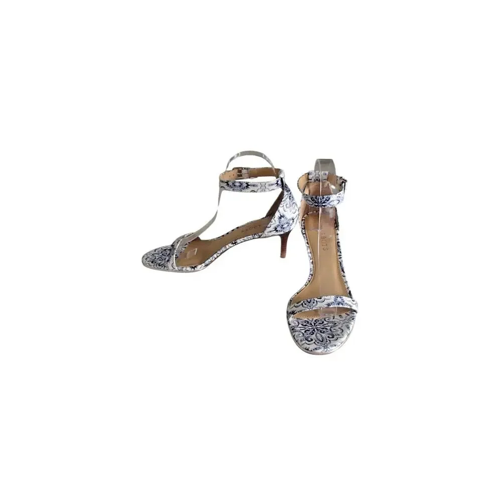 New $175 Women's 9M TALBOTS Trulli Blue White LEATHER Strappy Heel Sandal Floral